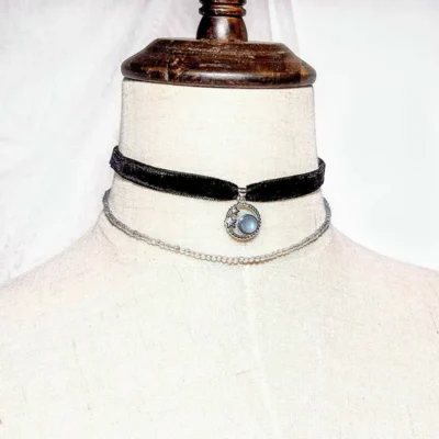 Grey Moonstone Choker – Velvet Ribbon | Third Eye Chakra