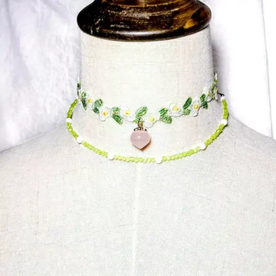 Rose Quartz Lace Choker – Peach Pendant | Heart Chakra